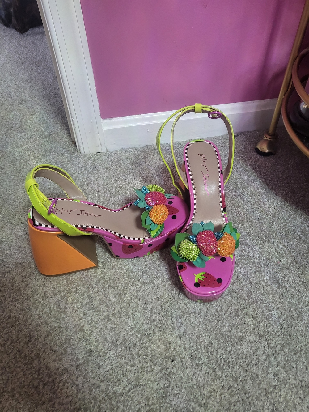 Betsey Johnson Pink Strawberry-Print Block Heel Sandals with Lime Strap